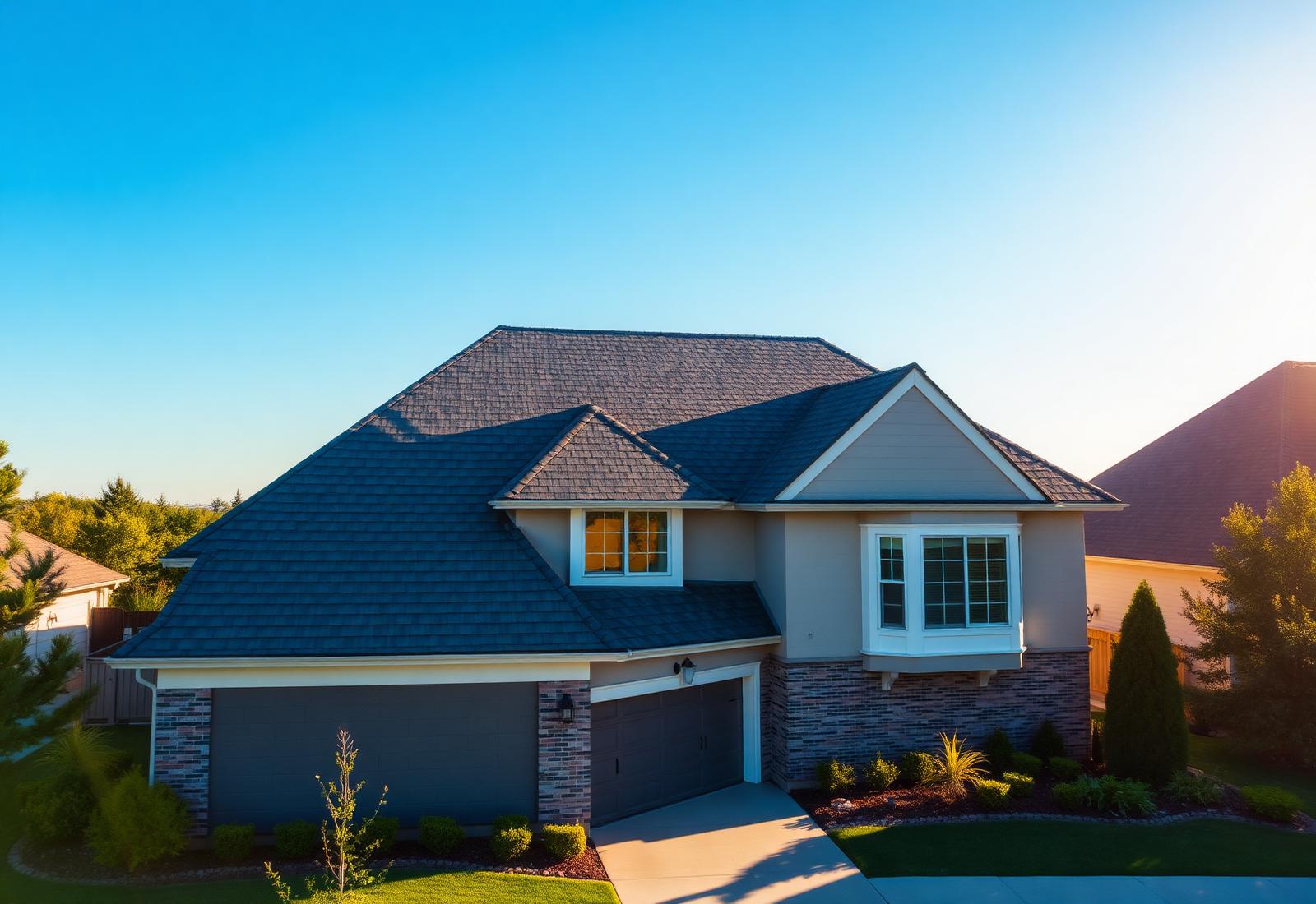 Modern American home with a new architectural asphalt shingle roof at golden hour